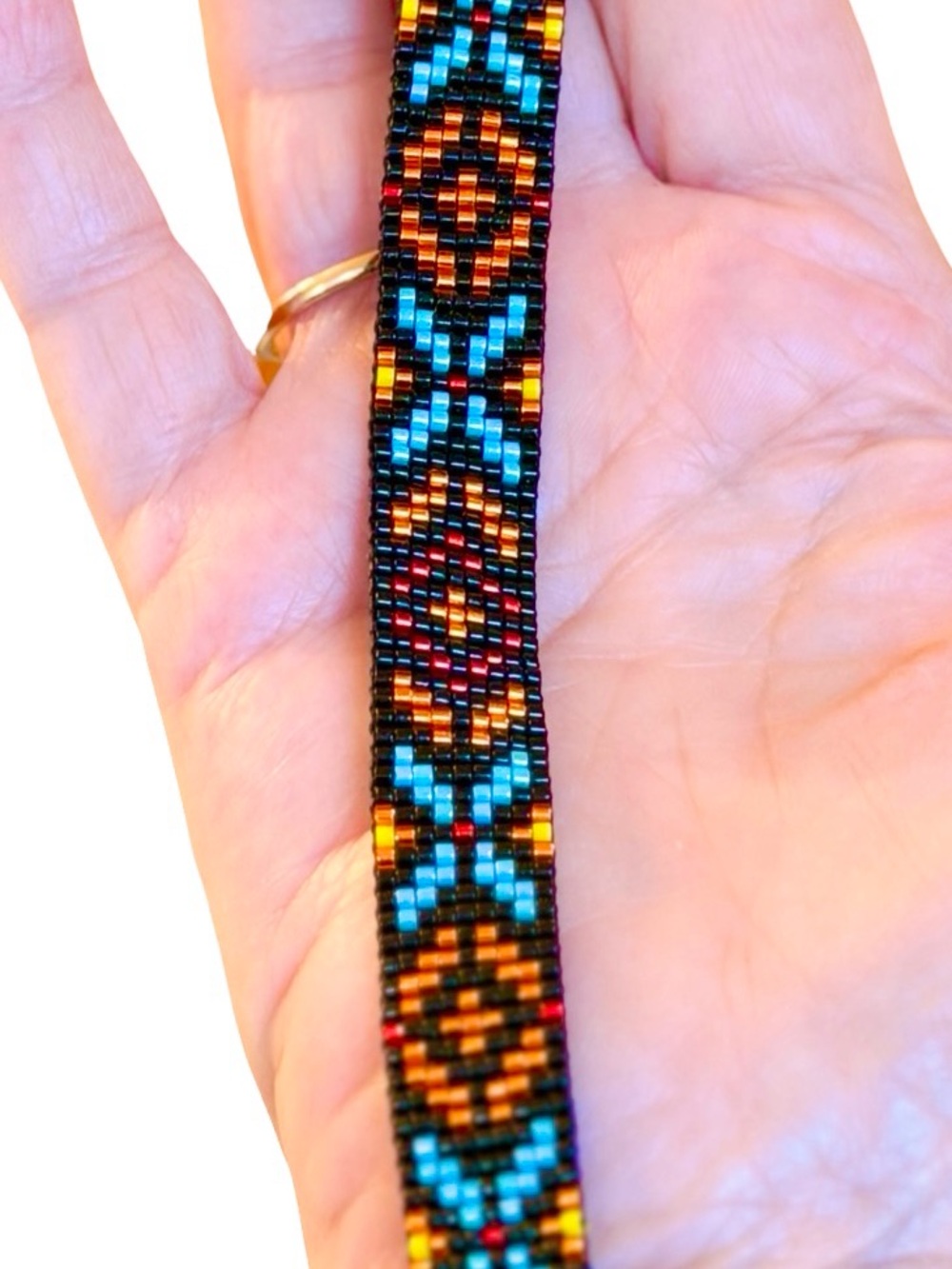 Geometric Beaded Bracelet | Turquoise Gold Garnet | Handmade Loom - Picture 3 of 7